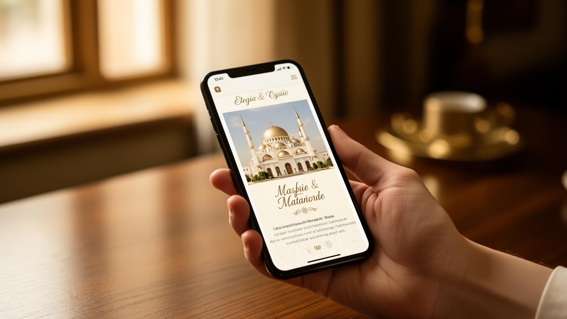 Hand holding a phone showing an elegant masjid website